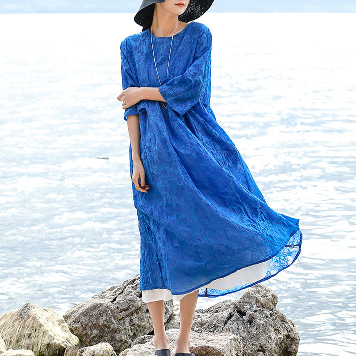 Vintage blaues Leinenkleid aus natürlicher Seide Locker sitzende O-Ausschnitt-Kleidung aus Seidenleinen für Damen Dreiviertelärmelige Baggy-Kleider