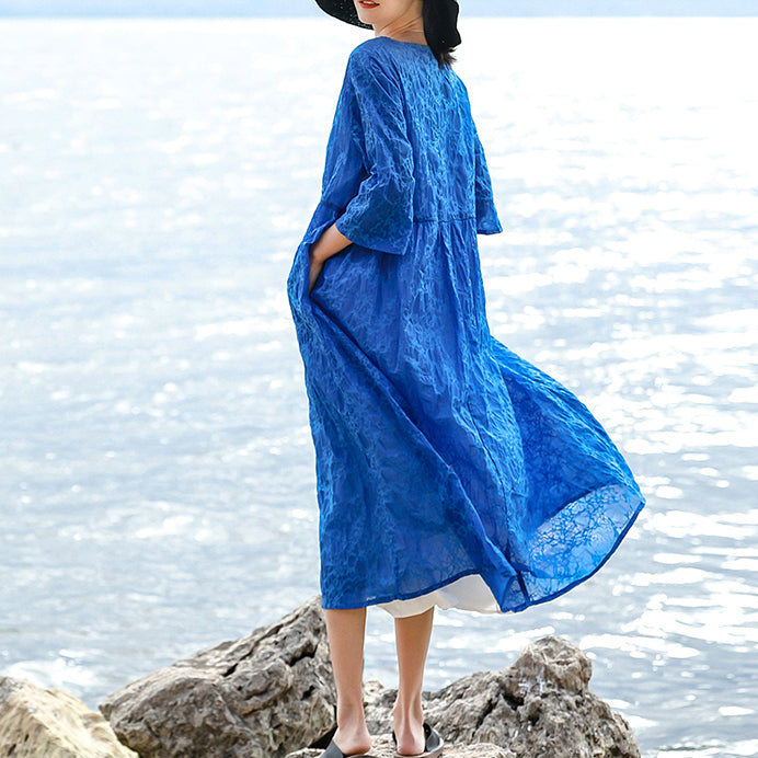 Vintage blaues Leinenkleid aus natürlicher Seide Locker sitzende O-Ausschnitt-Kleidung aus Seidenleinen für Damen Dreiviertelärmelige Baggy-Kleider