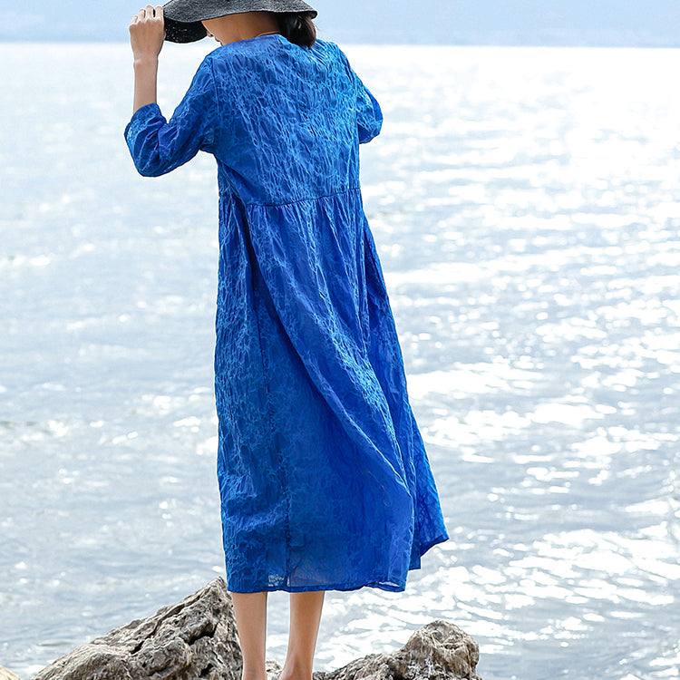 Vintage blaues Leinenkleid aus natürlicher Seide Locker sitzende O-Ausschnitt-Kleidung aus Seidenleinen für Damen Dreiviertelärmelige Baggy-Kleider