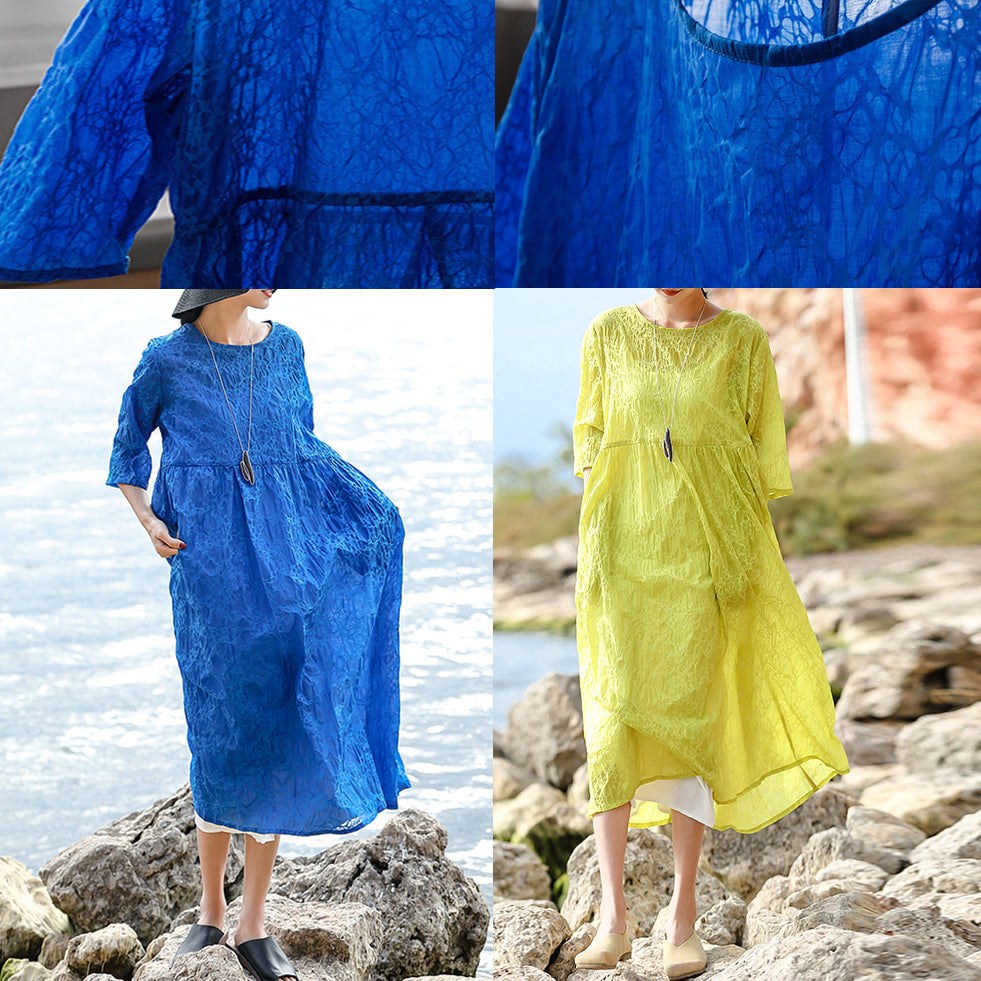 Vintage blaues Leinenkleid aus natürlicher Seide Locker sitzende O-Ausschnitt-Kleidung aus Seidenleinen für Damen Dreiviertelärmelige Baggy-Kleider
