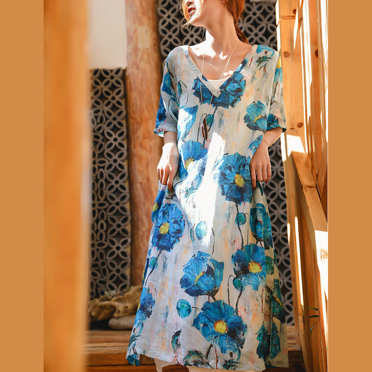 Vintage blau weiß bedrucktes Leinen Maxikleid Locker sitzendes V-Ausschnitt Leinenkleid feine Halbarm Baggy Kleider
