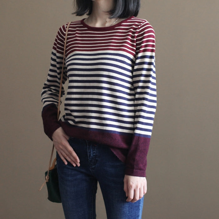 Vintage burgunderrot gestreifte Patchwork-Baumwoll-Strickoberteile lässiger elastischer Pullover