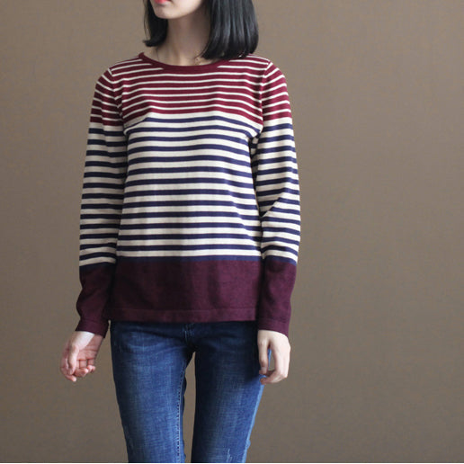 Vintage burgunderrot gestreifte Patchwork-Baumwoll-Strickoberteile lässiger elastischer Pullover