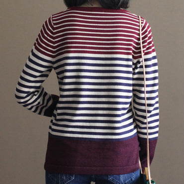 Vintage burgunderrot gestreifte Patchwork-Baumwoll-Strickoberteile lässiger elastischer Pullover