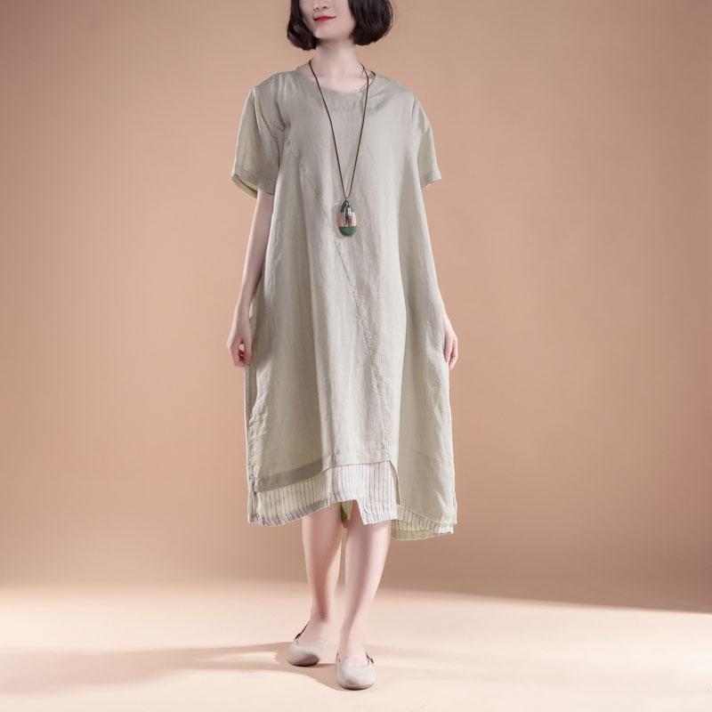 Vintage Baumwollkleid plus Größe Kurzarm Fake Zweiteiler Sommer Casual Khaki Kleid