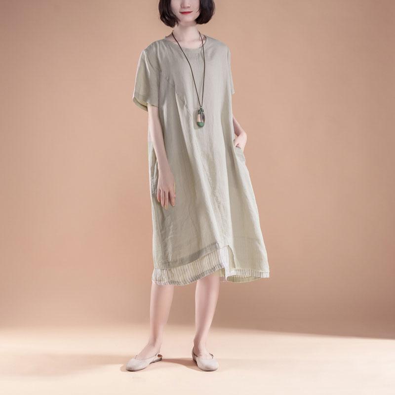 Vintage Baumwollkleid plus Größe Kurzarm Fake Zweiteiler Sommer Casual Khaki Kleid