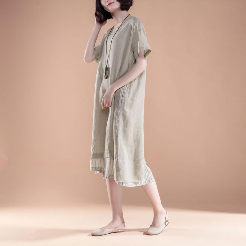 Vintage Baumwollkleid plus Größe Kurzarm Fake Zweiteiler Sommer Casual Khaki Kleid