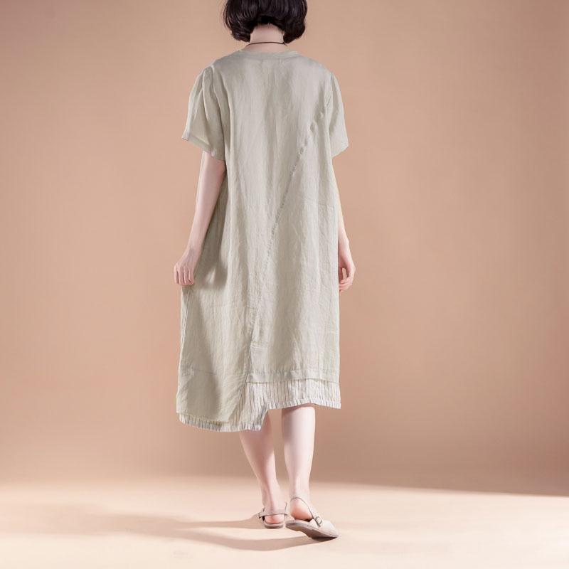 Vintage Baumwollkleid plus Größe Kurzarm Fake Zweiteiler Sommer Casual Khaki Kleid
