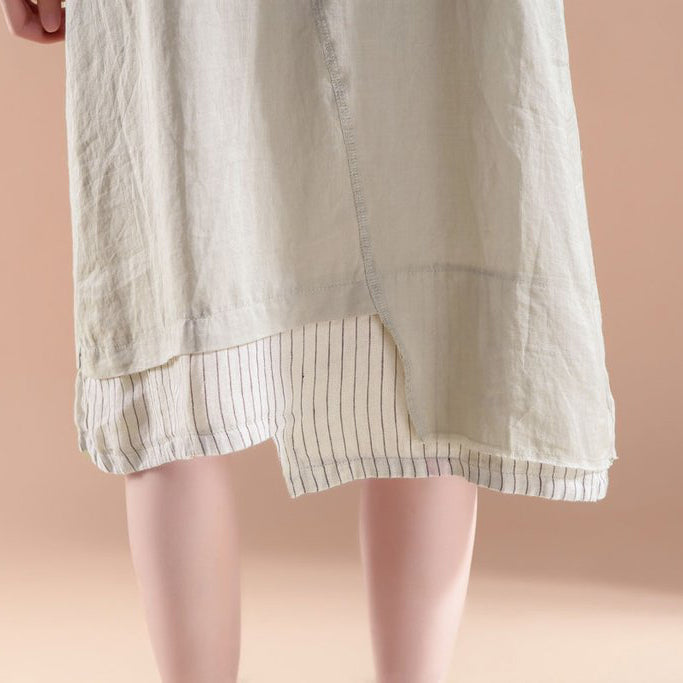 Vintage Baumwollkleid plus Größe Kurzarm Fake Zweiteiler Sommer Casual Khaki Kleid