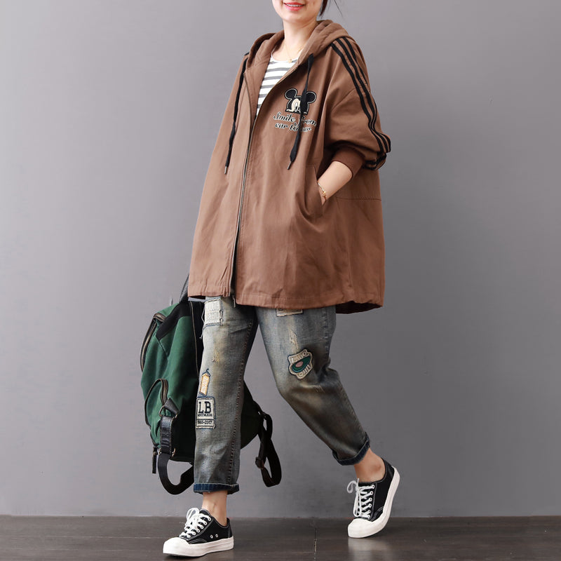 Vintage dunkel khaki Midi-Länge Baumwollmäntel Oversize Baumwolle feiner Reißverschluss Kapuzenmantel aus natürlicher Baumwolle