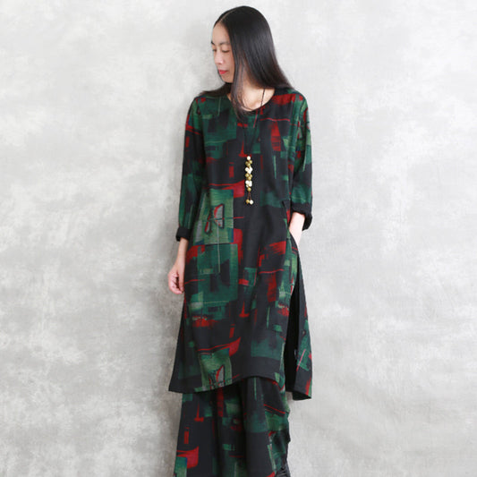 Vintage-Kaftane aus Baumwollmischung mit Blumenmuster, zweiteilig, locker sitzendes Kleid mit O-Ausschnitt und Taschen, 2018, lange Ärmel, seitlich offene Oberteile, Hose mit elastischer Taille