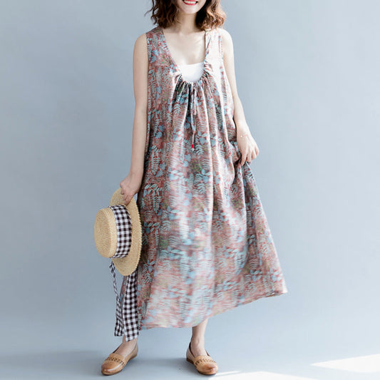 Vintage florales Leinen Maxikleid Plus Size O Hals Baggy Kleider Kaftans Boutique Fledermausärmel Extra großer Saum Leinenkaftans