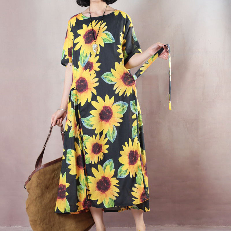 Vintage florales Naturleinenkleid übergroßes O-Ausschnitt Reisekleid 2018 Kurzarm Baggy Kleider Leinenkaftane