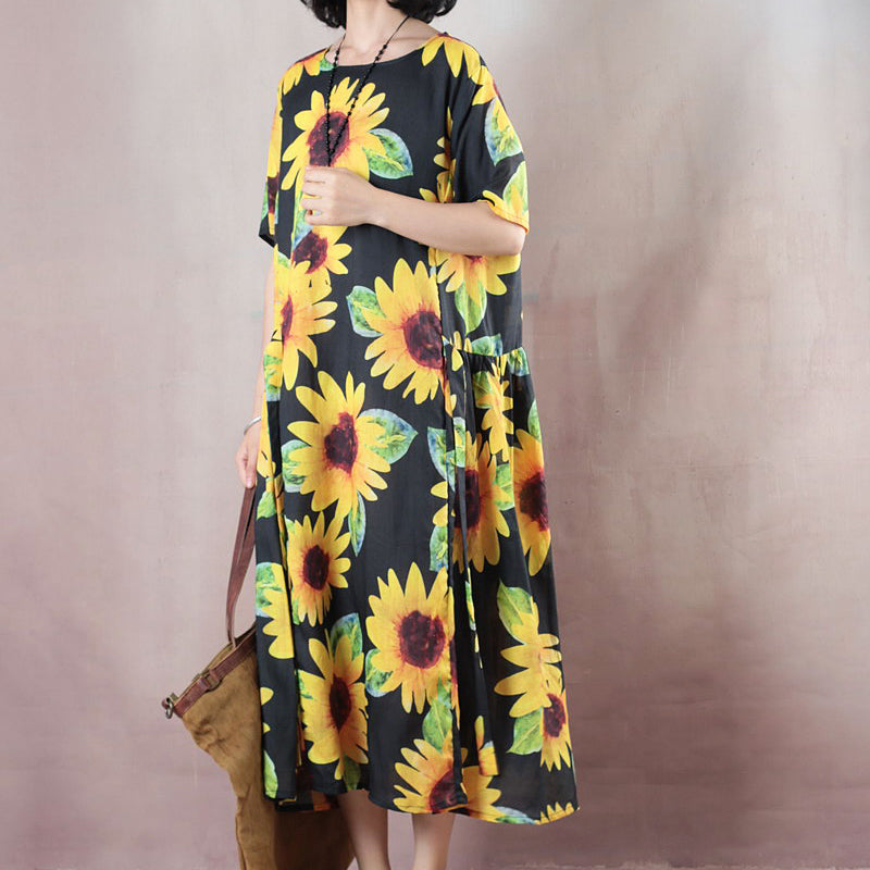 Vintage florales Naturleinenkleid übergroßes O-Ausschnitt Reisekleid 2018 Kurzarm Baggy Kleider Leinenkaftane