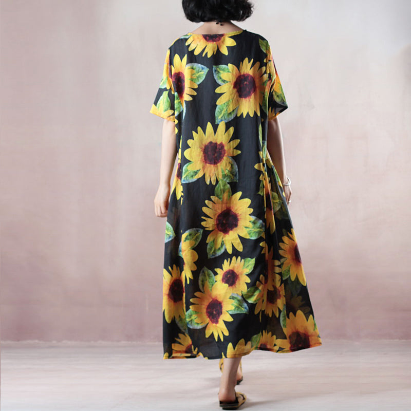 Vintage florales Naturleinenkleid übergroßes O-Ausschnitt Reisekleid 2018 Kurzarm Baggy Kleider Leinenkaftane