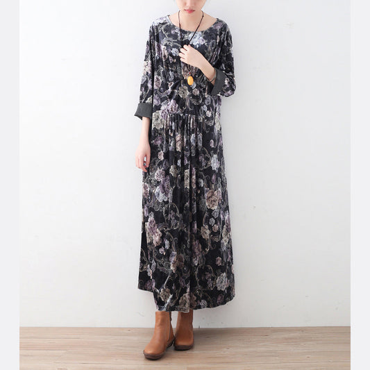 Vintage grünes florales Cord-Maxikleid in Übergröße, elastische Taille, elegantes Kaftan mit Rundhalsausschnitt