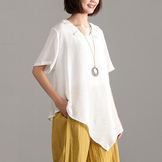 vintage linen blended summer top Loose fitting Irregular Hem Women Summer Short Sleeve Casual Loose Blouse