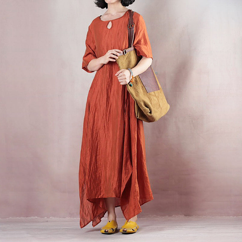 Vintage orangefarbenes Leinen Maxikleid Plus Size Kleidung O Hals Krawatte Taille Leinen Maxikleid feines Kurzarmkleid