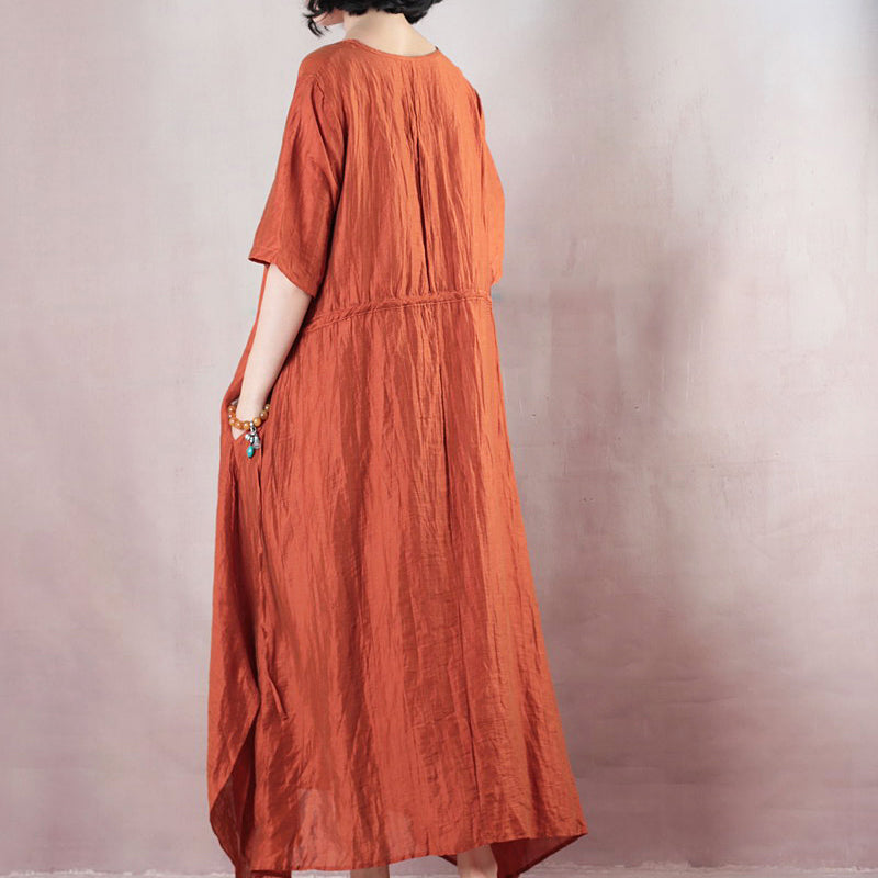 Vintage orangefarbenes Leinen Maxikleid Plus Size Kleidung O Hals Krawatte Taille Leinen Maxikleid feines Kurzarmkleid