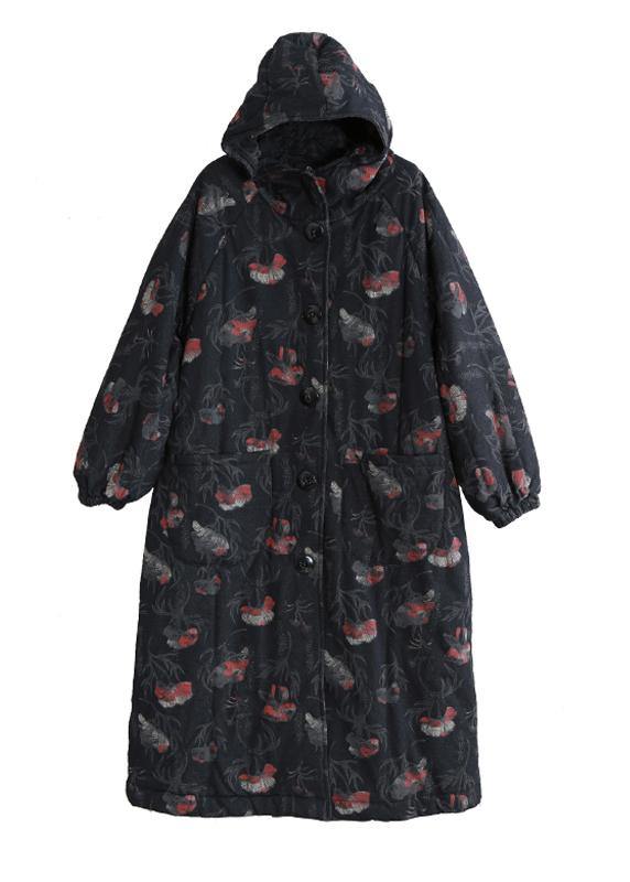 vintage oversize trench coat dark gray print hooded Button Down Woolen Coats - SooLinen