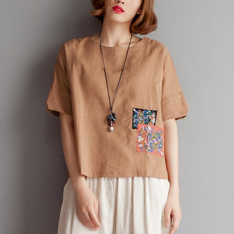 Vintage Bluse aus reinem Baumwollleinen in Übergröße, Stickerei, High-Low-Saum, Sommer, kurzärmelig, braune Bluse