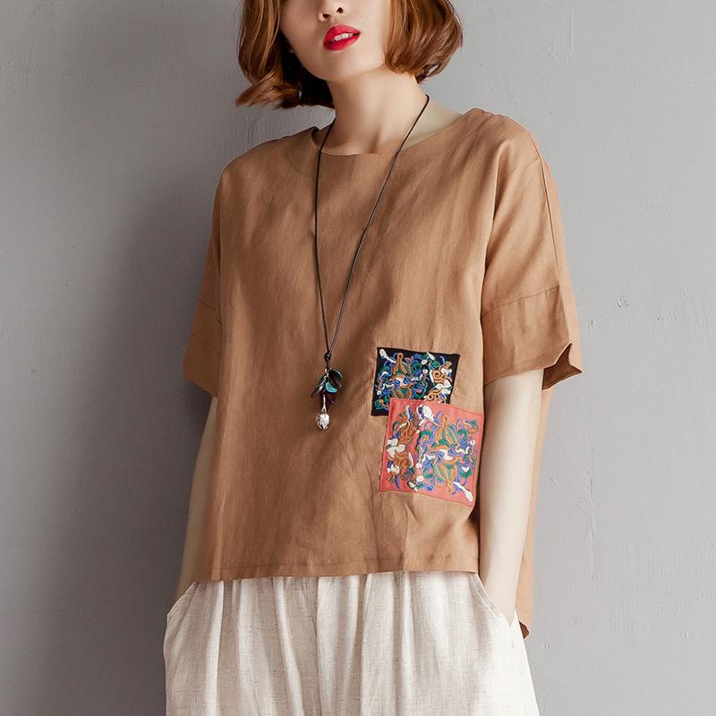 Vintage Bluse aus reinem Baumwollleinen in Übergröße, Stickerei, High-Low-Saum, Sommer, kurzärmelig, braune Bluse