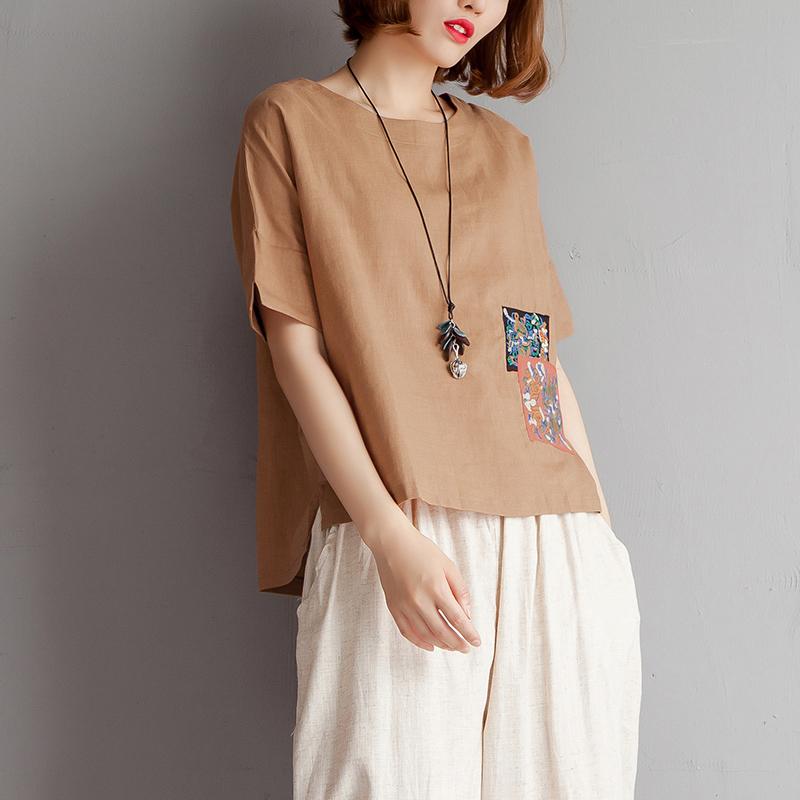Vintage Bluse aus reinem Baumwollleinen in Übergröße, Stickerei, High-Low-Saum, Sommer, kurzärmelig, braune Bluse