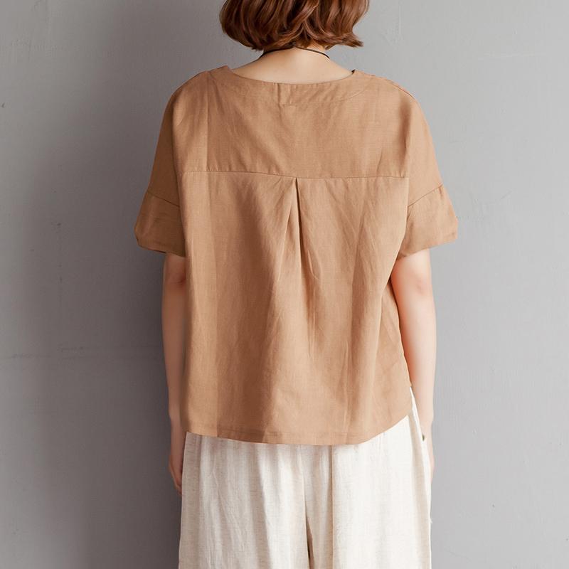 Vintage Bluse aus reinem Baumwollleinen in Übergröße, Stickerei, High-Low-Saum, Sommer, kurzärmelig, braune Bluse