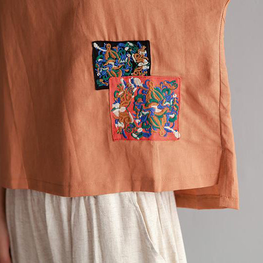 Vintage Bluse aus reinem Baumwollleinen in Übergröße, Stickerei, High-Low-Saum, Sommer, kurzärmelig, braune Bluse