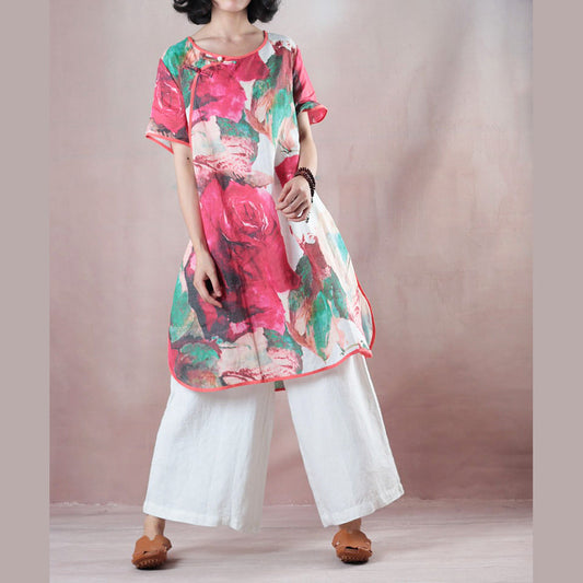 Vintage rotes Midi-Länge-Leinen-T-Shirt Locker sitzende Hemden Boutique Halbarm-Print O-Ausschnitt Chinesische Button-Leinenblusen