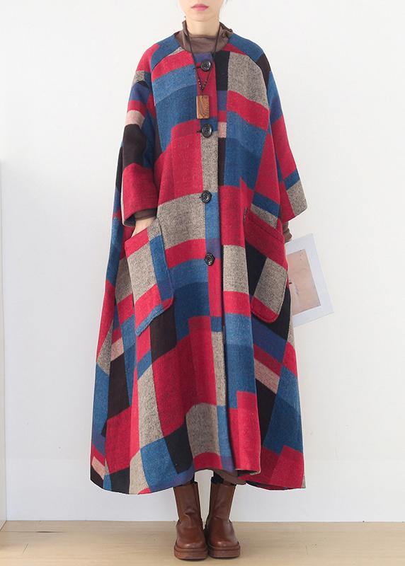 vintage red plaid Woolen Coats oversized o neck exra large hem long winter coat women coats - SooLinen