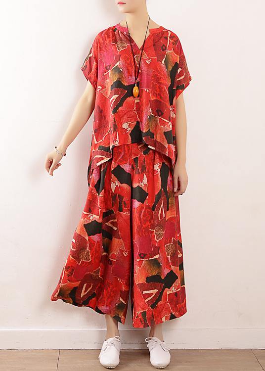 vintage red prints linen two pieces short sleeve t shirt and casual elastic waist crop pants - SooLinen
