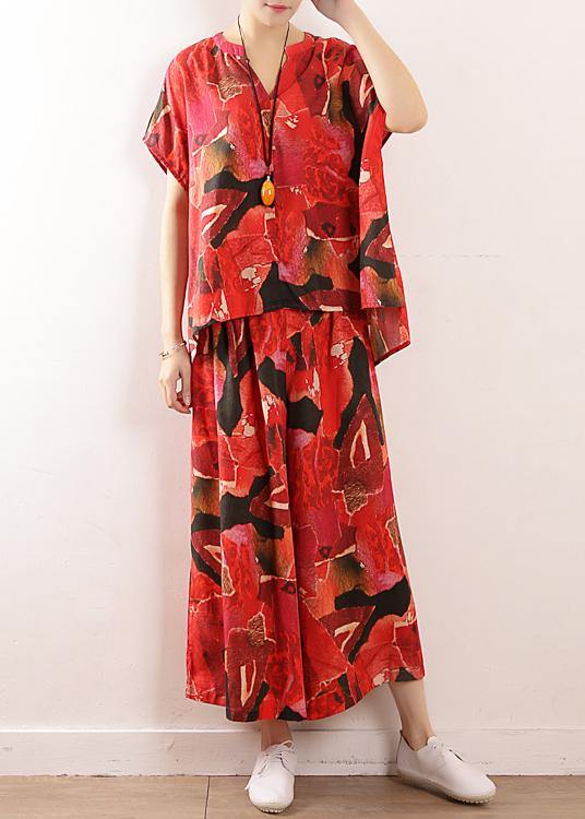 vintage red prints linen two pieces short sleeve t shirt and casual elastic waist crop pants - SooLinen