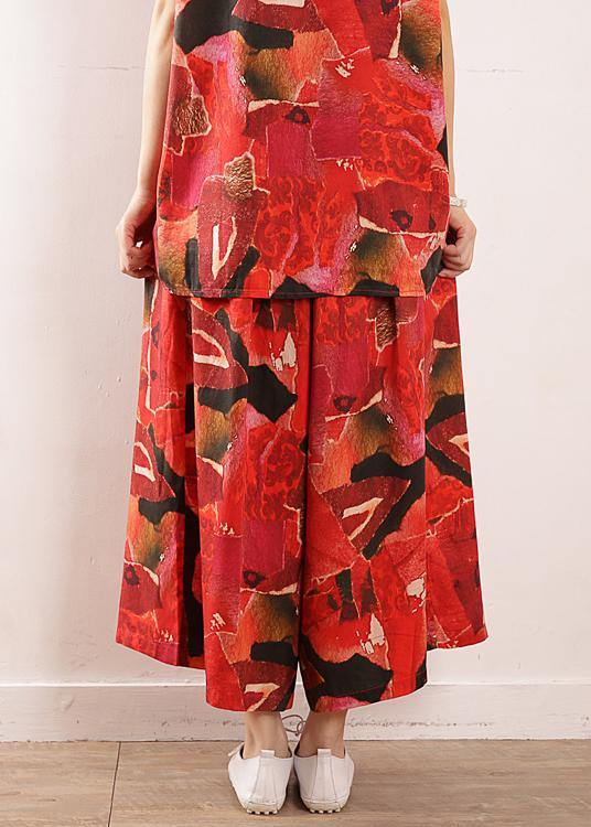 vintage red prints linen two pieces short sleeve t shirt and casual elastic waist crop pants - SooLinen
