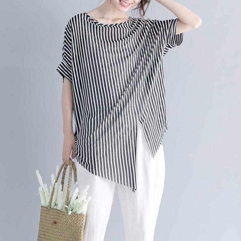 Vintage gestreiftes Baumwoll-T-Shirt in Midi-Länge, locker sitzende Reisebluse, feine Kurzarm-Baumwollhemden mit Rundhalsausschnitt und asymmetrischem Design