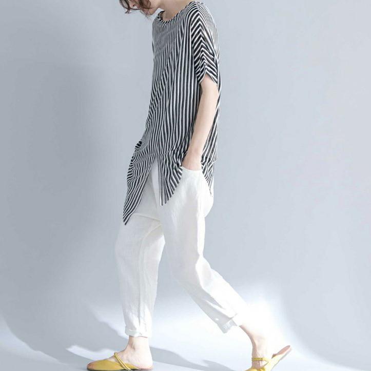 Vintage gestreiftes Baumwoll-T-Shirt in Midi-Länge, locker sitzende Reisebluse, feine Kurzarm-Baumwollhemden mit Rundhalsausschnitt und asymmetrischem Design