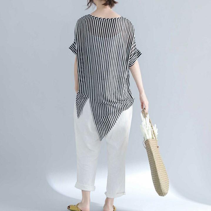 Vintage gestreiftes Baumwoll-T-Shirt in Midi-Länge, locker sitzende Reisebluse, feine Kurzarm-Baumwollhemden mit Rundhalsausschnitt und asymmetrischem Design