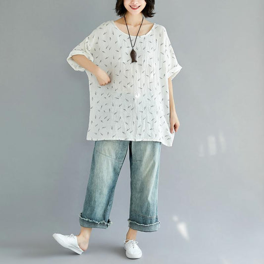 Vintage weiß reine baumwolle tops plus größe kleidung casual Neue floral O hals kurzarm baumwolle shirts