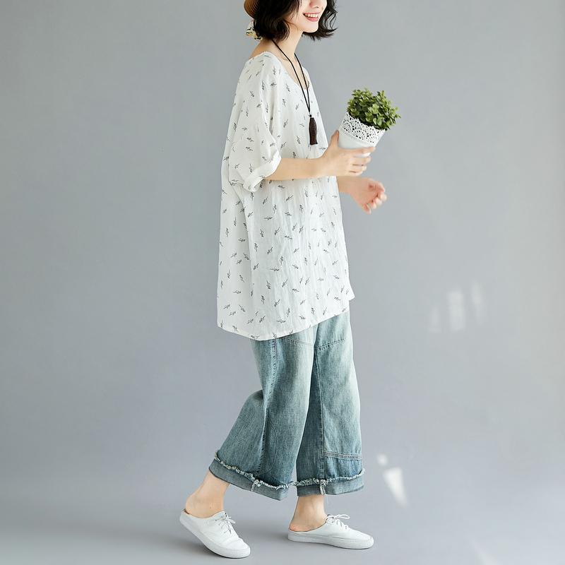 Vintage weiß reine baumwolle tops plus größe kleidung casual Neue floral O hals kurzarm baumwolle shirts