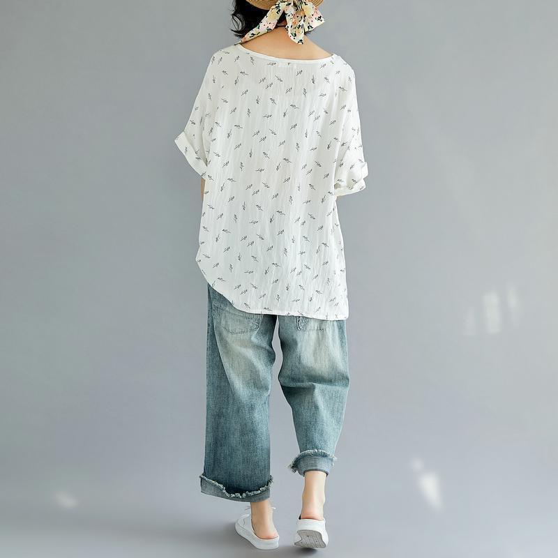 Vintage weiß reine baumwolle tops plus größe kleidung casual Neue floral O hals kurzarm baumwolle shirts