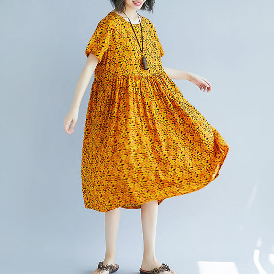 Vintage gelbe Kleider aus reiner Baumwolle und Leinen, Freizeitkleidung, Kleider, Boutique, kurzärmliges O-Ausschnitt-Blumenkleid aus natürlicher Baumwolle und Leinen
