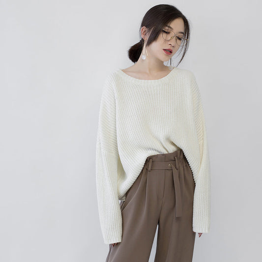 Warme beige Strickpullover in Übergröße mit O-Ausschnitt und Baggy-Ärmeln, elegante Herbstbluse