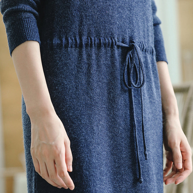 warme blaue Strickkleider Herbstmode V-Ausschnitt lange Strickpullover lässiger Pullover mit Kordelzug
