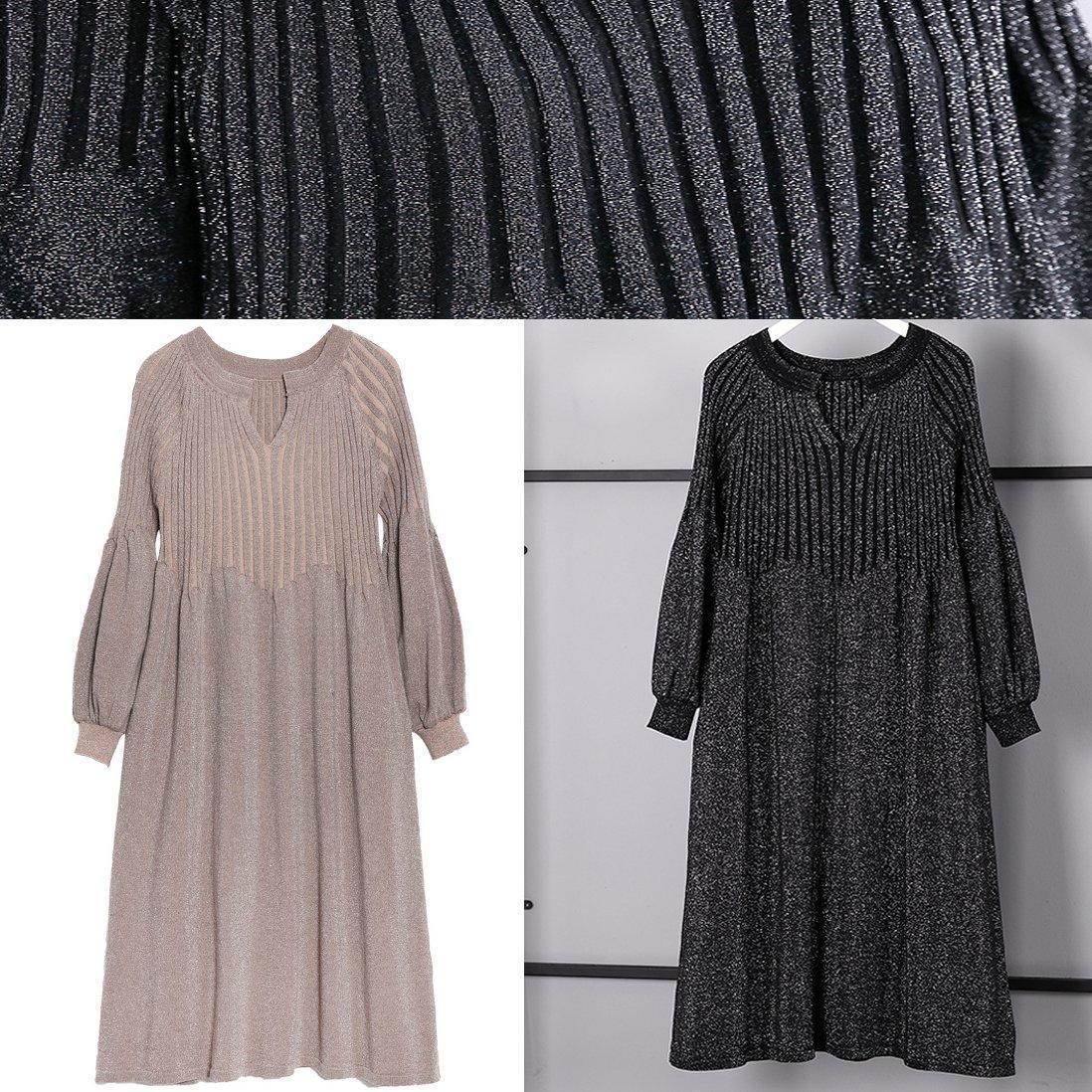 warmes khakifarbenes Pulloverkleid, übergroßes Winterkleid mit V-Ausschnitt, neue weite, taillierte Winterkleider