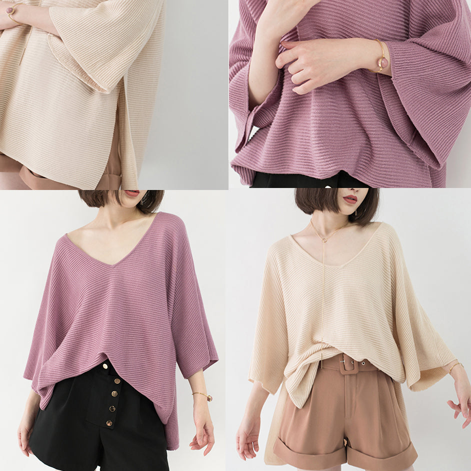 warmer, hautfarbener, kuscheliger Pullover, lässige Strickblusen mit V-Ausschnitt, lässige Herbstbluse mit Fledermausärmeln