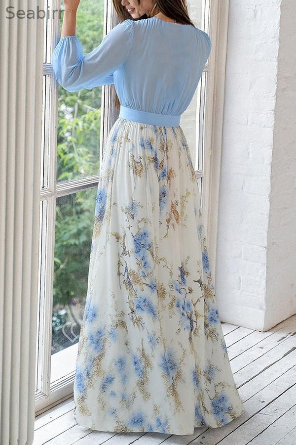 Plant Print V-neck Long Sleeve Elegant Stitching Maxi Dress