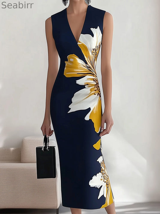 Navy Blue V-Neck Sleeveless Dress with Floral Print