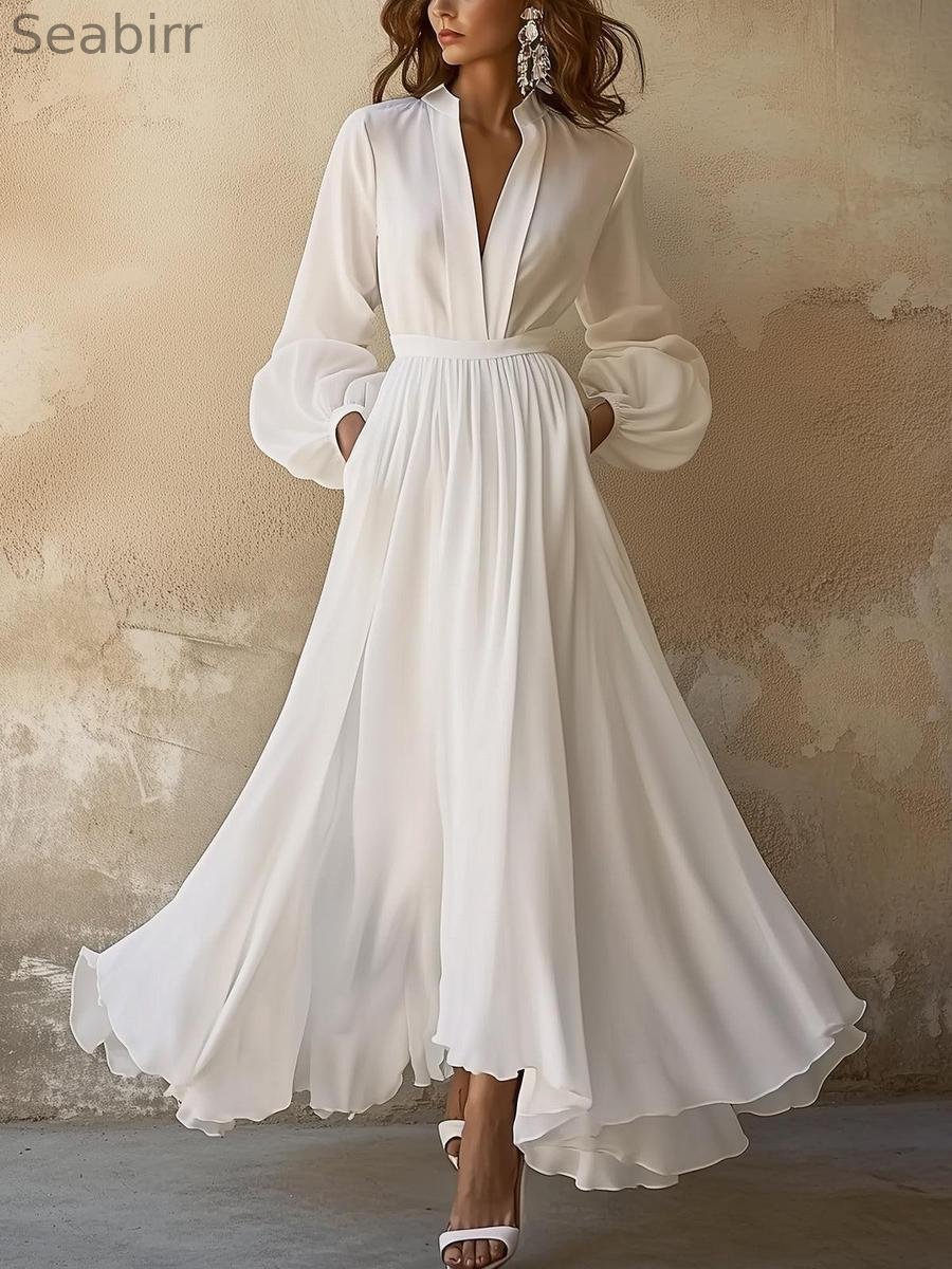 Vintage-Inspired White V-Neck Maxi Dress