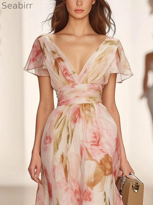 V-neck Short-sleeved Ruffled Floral Print Dress