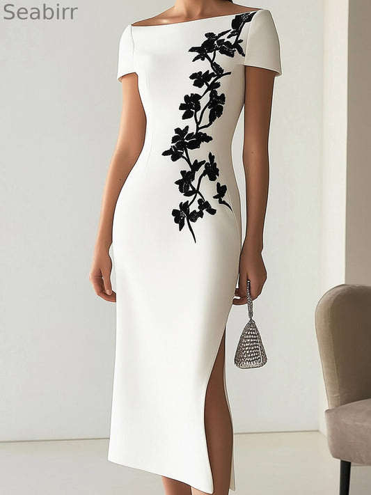 Chic Boatneck Dress with Asymmetrical Floral Print